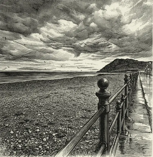 Wood engraving of Bray seafront: cast-iron promenade railings running south along the shingle beach under a heavy sky, with Bray Head beyond.